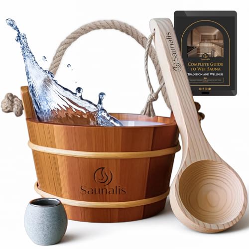 Sauna Bucket and Ladle Set &ndash; Canadian Red Cedar Wood &ndash; 1 Gallon (4L) Wooden Sauna Water Bucket...