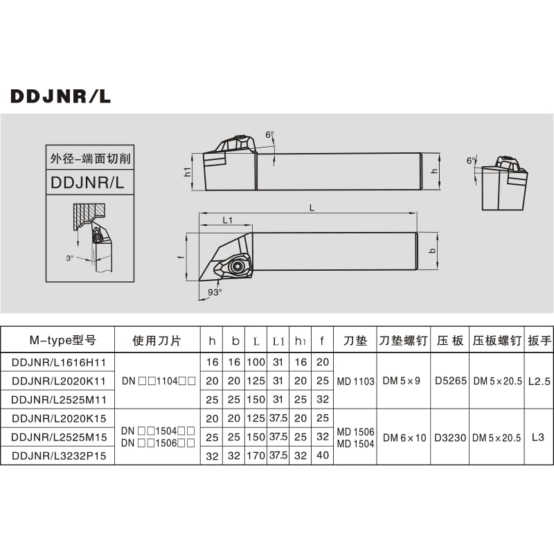 1pc DDJNR1616H11 DDJNR DDJNL DDJNR2020K11 DDJNR2020K15 External Metal Turning Holder Inserts DDJNR2525M11 DDJNR3232P15 Boring(DDJNR1616H11 R)