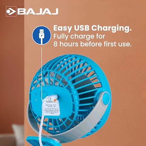 Image of Bajaj Pygmy Mini Fan 110MM | USB Charging | Multi-Clip Function | Rechargeable | 4-Hr Back-up | Silent Operation | Longer Battery Life | Energy Efficient | Portable 【Blue】