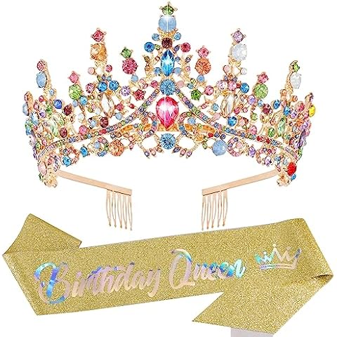 Velscrun Colourful Crystal Birthday Queen Tiara Crown for Women Girls Birthday Queen Headband Sash Elegant Princess Crown with Combs Hair Accessories Happy Birthday Party Decorations Mom Birthday Gift Cover