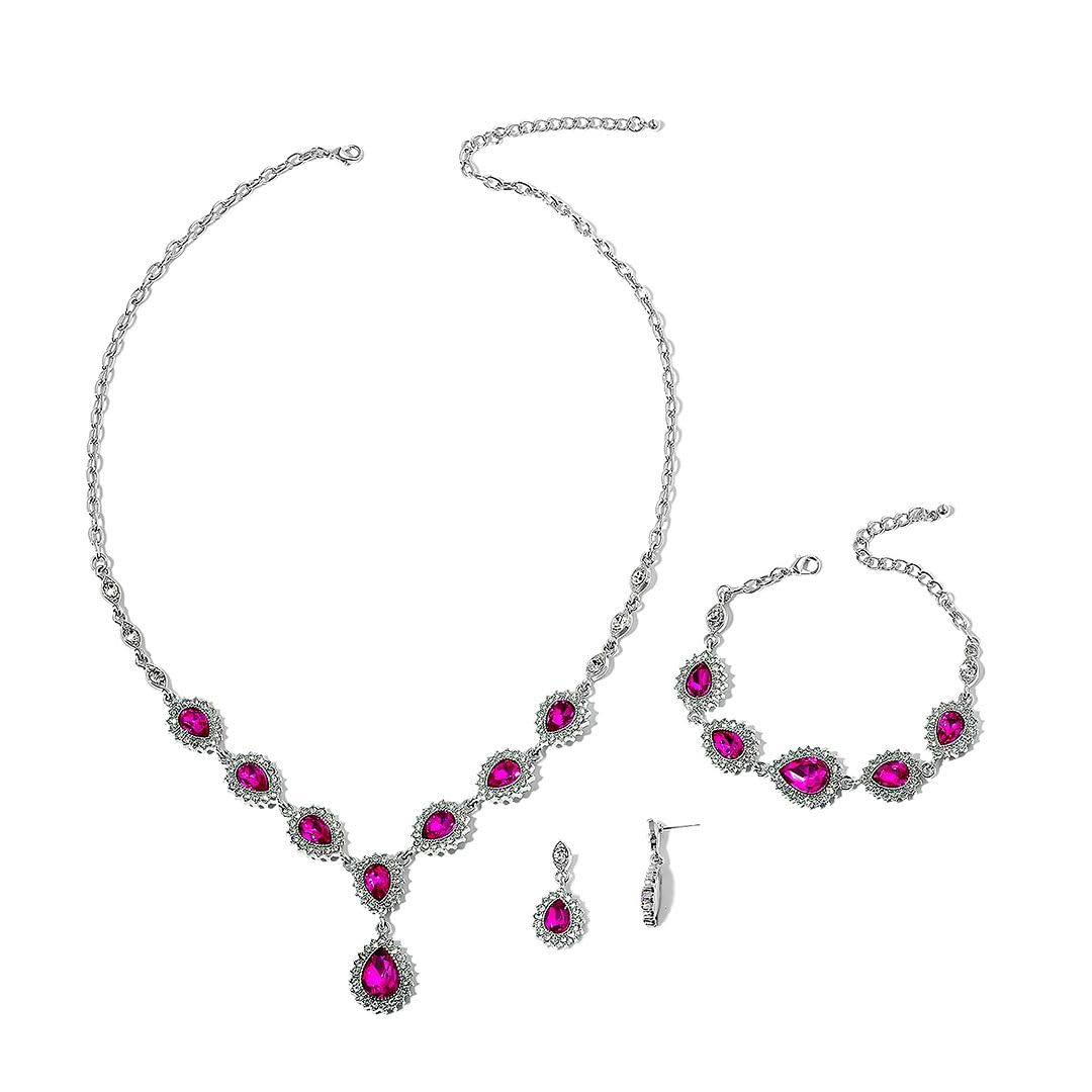 Shop LC Costume Jewelry Set for Women Teardrop Necklace Bracelet Earrings Crystal Bridal Wedding Jewelry Sets for Brides Bridal Necklace 20" & Bracelet 7.5'' Birthday Gifts