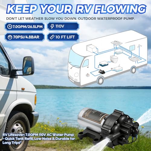 Image of Upgraded 110V AC Fresh Water Pump, 7GPM 70PSI, Five Chamber Self-Priming Diaphragm Pump with Heavy Duty Pressure Switch & Strainer for RV, Marine,Home Water System, Irrigating & Industrial Settings