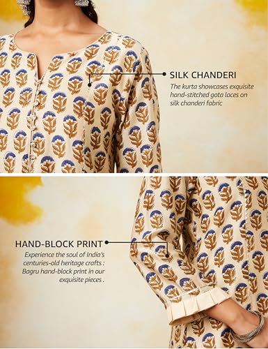 Image of Amazon Brand - Myx Women Silk Chanderi Handblock Printed Authentic Kurta Set with Dupatta (Bagru Print) (Available in Plus Sizes)