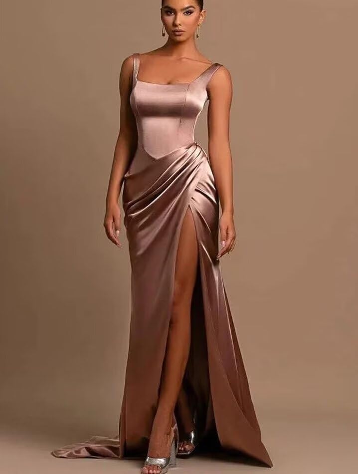 Satin Mermaid Bridesmaid Dress Square Neck Corset Formal Prom Dress with Side Slit Ruched Satin Evening Dress4