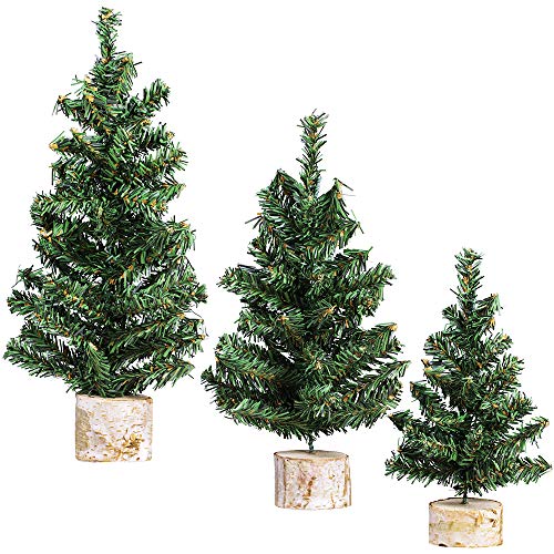 Winlyn 3 Pack Mini Canadian Pine Trees with Wood Bases Artificial Miniature Christmas Trees for Holiday Season Tabletop Decoration Centerpiece Displays Xmas Green Assorted Sizes 7.5