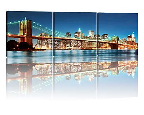Nan Wind 3 Piece Modern New York Skyline Cityscape Wall Art Manhattan View Of Brooklyn Bridge Night Landscape Pictures Paintings Artwork For Living Room Home Decorations Stretched And Framed #TOP23