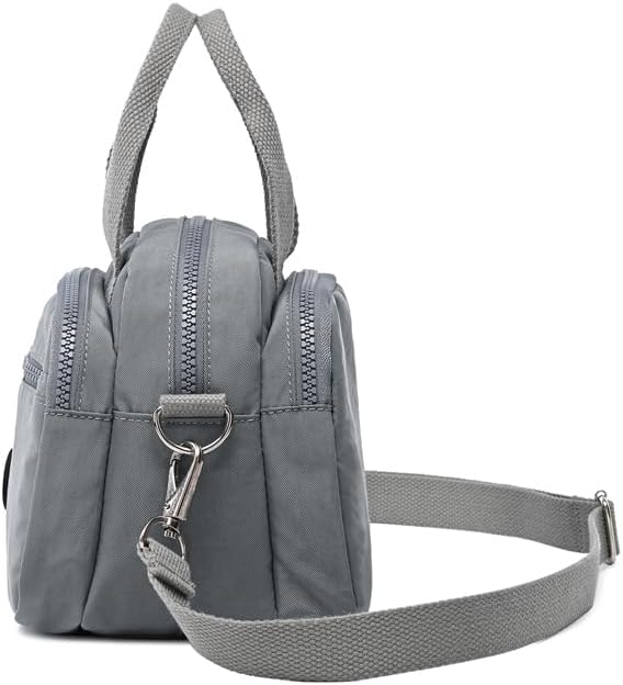 レディース 防水ナイロン生地 多層ジッパー ショルダーバッグ クロスボディバッグ ハンドバッグ カジュアルバッグ, シルバーグレー