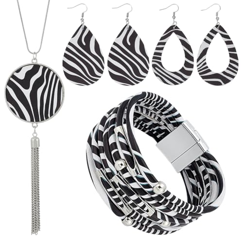 UNICRAFTALE Parure de Bijoux Zèbre Noir Blanc Boucle D'Oreille Larme Collier Rond avec Pompon Bracelets Multicouches Collier Bracelet Ensemble de Bijoux...
