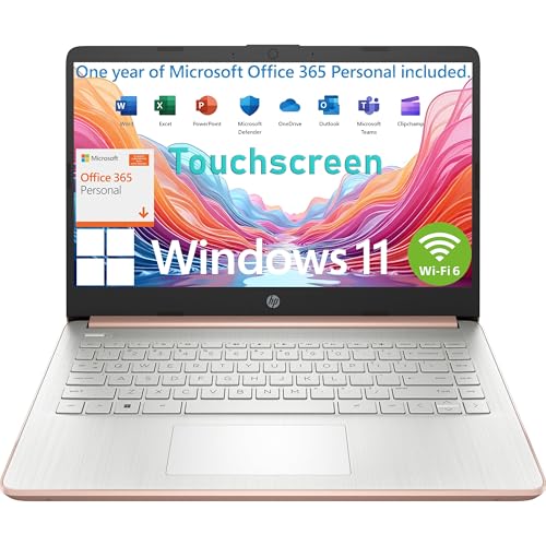 HP Touchscreen Laptop Computer for Student Home Study, 1-Year Office 365, Intel Processor, 4GB RAM, 64GB eMMC, WiFi 6, Bluetooth 5.4, 14 inch, Webcam, Type-C, HDMI, Pale Rose Gold, Windows 11 S