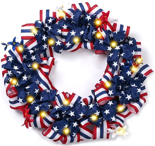 DecorbyHannah Patriotic Wreath for Front Door, 24 inch Large 4th of July Wreaths with Lights, Collapsible Red White Blue Burlap Bow Farmhouse Wreath Decorations for USA 250th Holiday