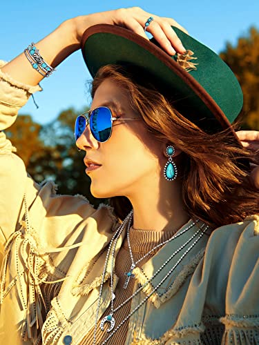 Image of Ecally Bohemian Western Jewelry Turquoise Set Women Country Pendant Long Choker Layered Bracelets Earrings Ring for Women