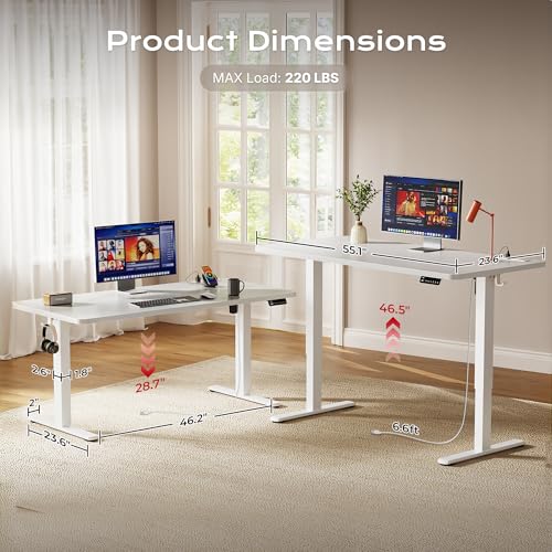 Image of Huuger Electric Standing Desk with Power Outlets and USB-C Port, 55 X 24 Inch Height Adjustable Desk, Sit Stand Desk for Home Office, Computer & Gaming Desk with 4 Presets, Stable Steel Frame, White