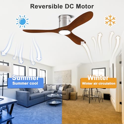 Image of 52 inch Ceiling Fans with Light with 6 Speed Remote /APP Control, Solid Wood Fan Blade, 3CCT Dimmable LED, Noiseless, Bedroom, Hallway Recessed Ceiling Fan