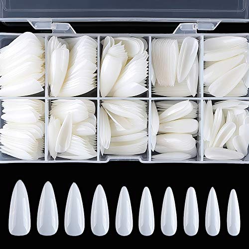 Geisofu 500PCS Acrylic Nails Clear, Stiletto Full Cover Artificial False Fake Nail Tips (Natural-3)