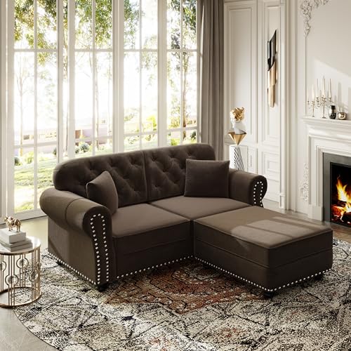 Image of KEIKI 63 inch Velvet Chesterfield Sofa with Rolled Arms & Nailhead Trim & 1 Ottoman, Modern 2-Seater Button Tufted Couch with High Resilience Cushion & 2 Pillow, Easy Assembly, for Living Room, Brown