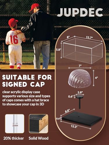 Image of JupDec Hat Display Case, Clear Acrylic Baseball Cap Display Box Stand, UV Protection Signed Hat Transparent Showcase with Solid Wood Base Risers & Hat Shaper, Ideal Gift for Caps Collector, Black