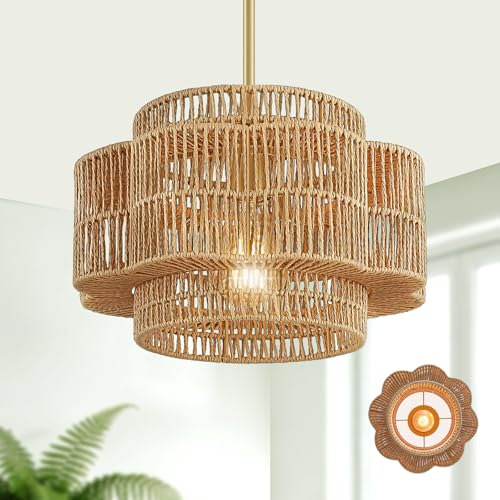 Yoedivu 13" Boho Rattan Chandelier - 1-Light Petal-Shaped Pendant Light,