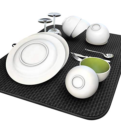 AKEIE 水切りマット 吸水マットキッチン スポンジ 食器乾燥用マット抗菌 防カビ ドライングマット 速乾 大判 キッチン 吊ることができ ブラック 41*46cm
