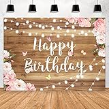 Aperturee 7x5ft Pink Floral Happy Birthday Backdrop Wooden Floor Butterfly Watercolor Flowers Girls
