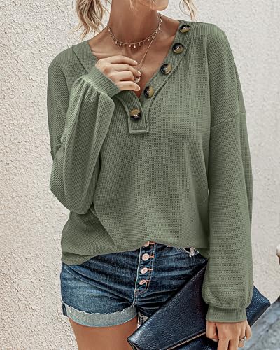 BTFBM Womens Fall Fashion 2025 Long Sleeve Shirts Spring V Neck Loose Casual Deco Button Lightweight Waffle Knit Tops(Army Green, Medium)