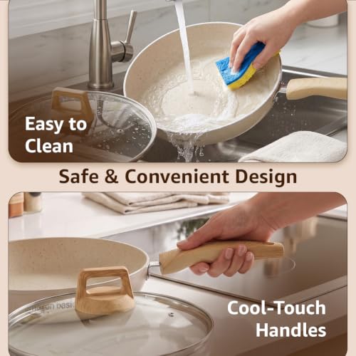 Image of Amazon Basics Non Stick Ceramic Frying Pan 26 cm with Lid | 5 Layer Coating | Wooden Finish Bakelite Handle | Induction & Gas Compatible | Low Oil Cooking | Durable Flat Base | Ivory