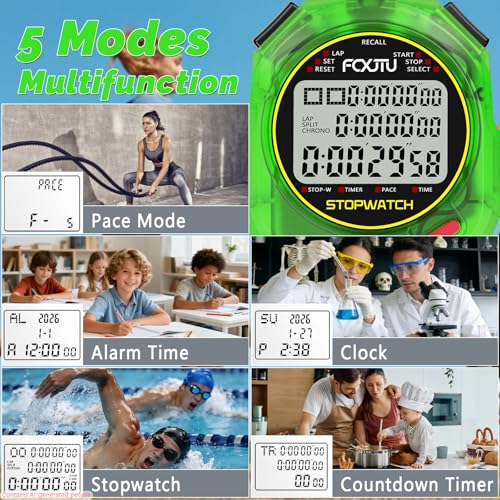 Image of Sports Stopwatch Timer, 10 Lap /Split Memory Digital Stopwatch Countdown Timer with 12 /24 Hour Clock Alarm On /Off, Calendar 3-Row Extra Large Screen Lanyard for P.E Coach and Referees (Red)