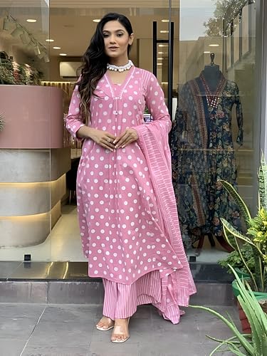 Image of Pinkmint Polka Dot Printed Anarkali Muslin Kurta Set with Striped Palazzo & Dupatta Set for Women Elgant Festive & Casual wear
