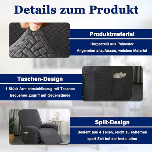 CAAGGMM 4-Teilig All-Inclusive Sesselbezug, Stretch Relaxsessel Bezüge, Recliner Sofabezug, Stretch Sessel Überzug mit Taschen, Freizeitstuhlbezug, für Fernsehsessel Liege Sessel(Dunkelgrau) – Bild 4