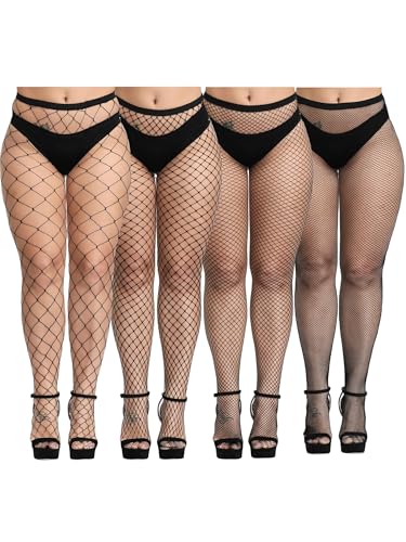 Aneco 4 Pairs Plus Size Fishnets Tights Sexy Black Fishnet Pantyhose Stockings Cross Mesh Tights Thigh High Stockings