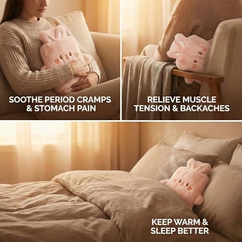 Image of Rabbit Hot Water Bottle with Soft Plush Cover 1 Litre Classic Silicone Bag for Pain Relief, Period Cramps, Hand & Feet Warmer, Leak-Proof Hot & Cold Therapy with Cute Removable Bunny Sleeve