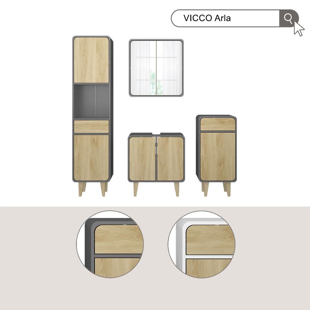 Vicco Set di mobili da bagno Arla, Antracite/quercia, 60 cm, composto da mobile sottolavabo, specchiera e colonna alta