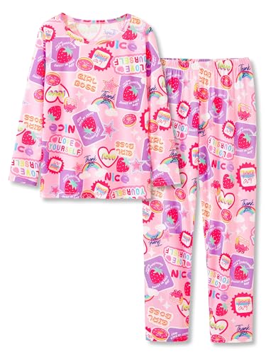 Image of Beezizac Girls Pajamas Cute Print Short /Long Sleeve Pants Set Size 6-18 | Soft Stretch Poly Blend, Comfy Crewneck, Elastic Waist Pants, Everyday & Holiday Sleepwear for Big Girls, Tweens & Teens