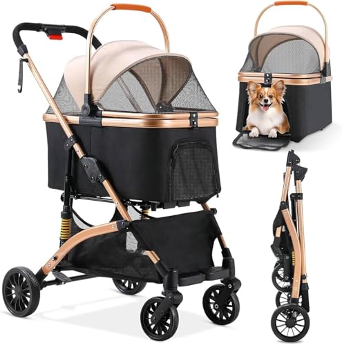 Travel Pet Pram, 4 Wheels Puppy Pushchair, with Storage Basket, 360 ° Wear-Resistant Rubber Wheels Dog Travel Carrier, Cup Holder for Small Dogs, Foldable Pet Stroller, for Small D