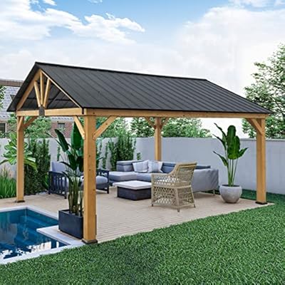 EAGLE PEAK 13x15 Hardtop Wood Gazebo, Outdoor Cedar Wood Frame Pavilion with Galvanized Steel Gable Roof for Patio, Deck, Backyard, Garden, Natural Wood/Black