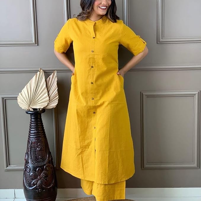 Image of Women's Rayon Printed Kurta with Palazzo Set (X-Large, Yellow Palazzo Set)
