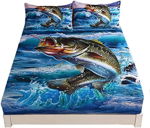 qjmiaofang Big Bass Fish Sheets Set 3Pieces Kids Fishing Bedding Set Queen Size for Boys Girls Soft Microfiber Reef Sea Printed Bed Sheet Set with 2 Pillowcases Hunting Themed Bed Set for Home