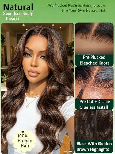 Image of KLAIYI Bye Bye Slip Golden Brown Highlight Body Wave Glueless Precut 7x5 Lace Front Wigs Human Hair Drawstring Pre Plucked Bleached Knots Ombre 3S Ready to Wear and Go Wig with Dark Roots 180% 18Inch