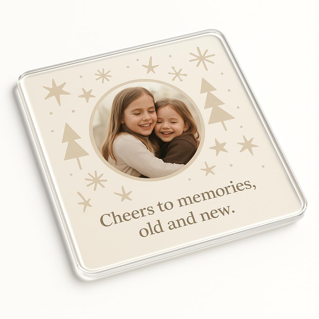 The Plum Penguin Timeless Sparkle Personalised Acrylic Coaster Gift With Modern Christmas Design - Holiday Decor For Personalised Photo Memories