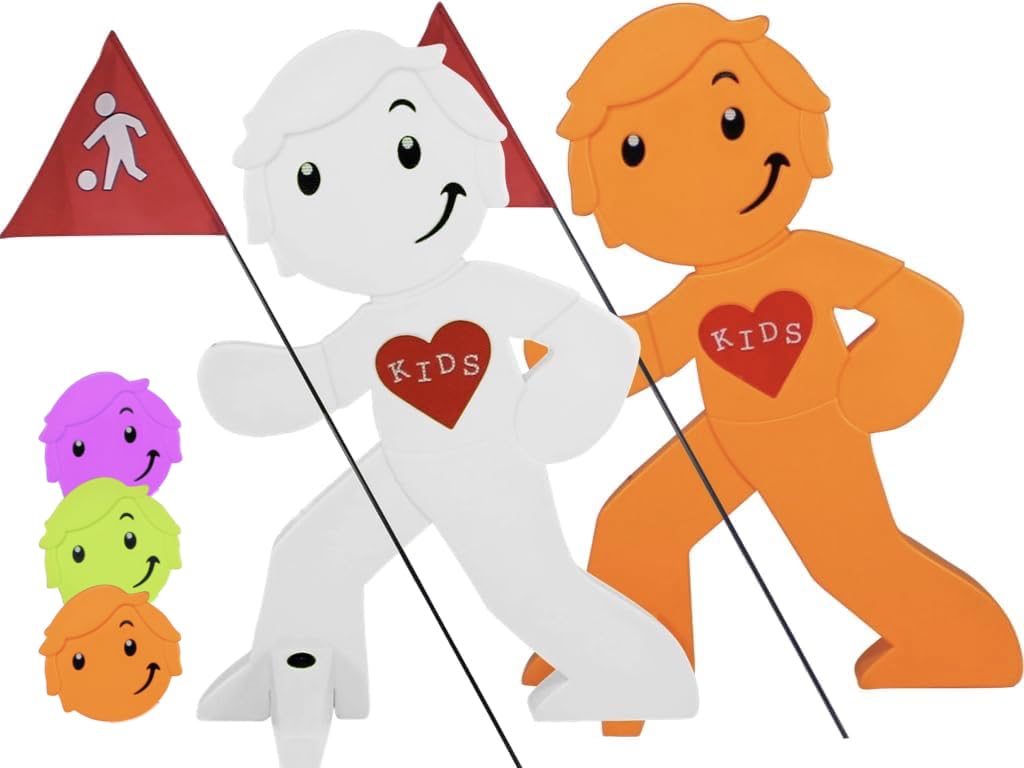 StreetBuddy - Warnfigur mit Fahne, reflektierender Warnaufsteller für Kindersicherheit - Achtung langsam Fahren - Vorsicht spielende Kinder - Schild Autofahrer Warnung (1x Orange / 1x Weiß)
