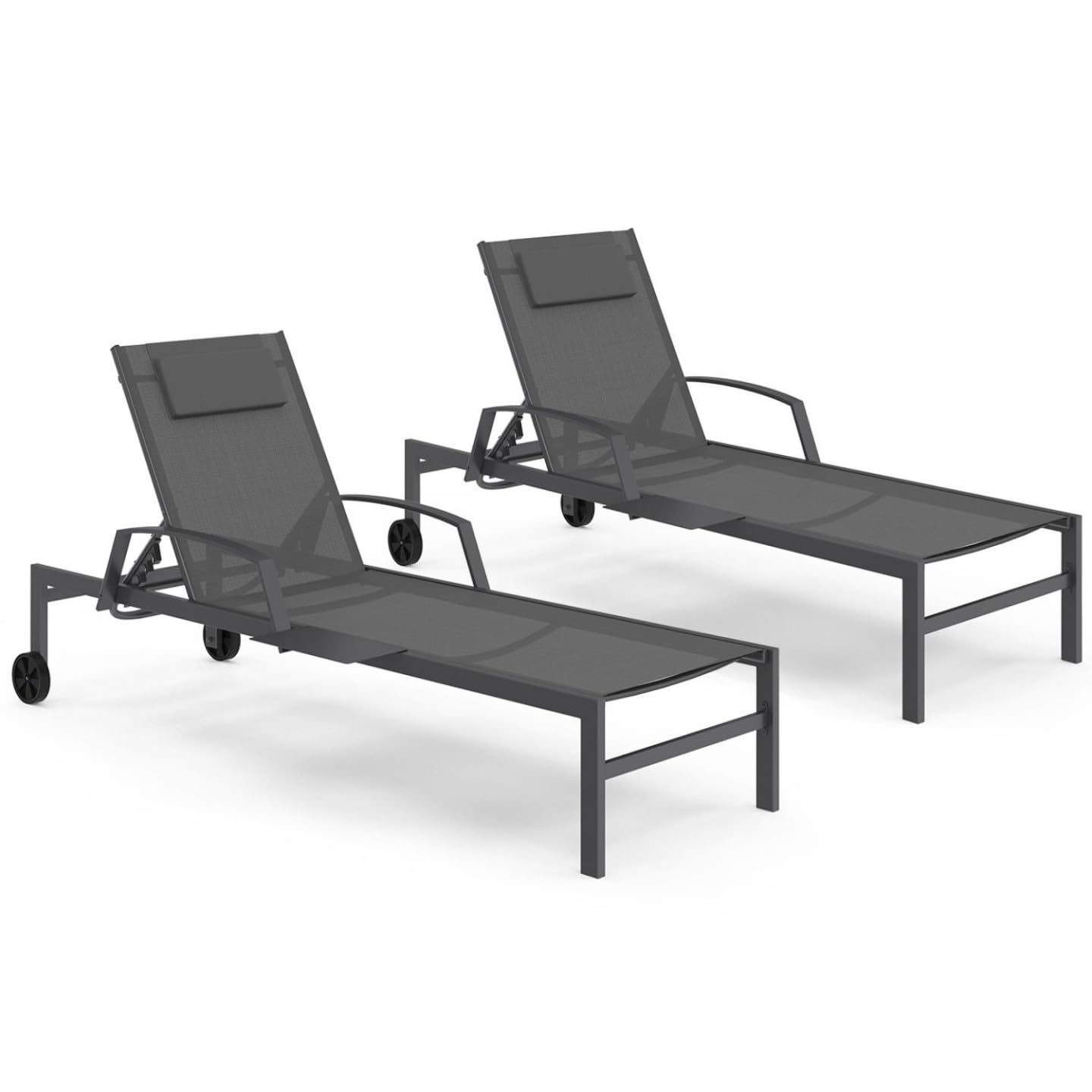 IDMarket - Lot de 2 transats de Jardin inclinables Java avec tablettes en Acier Gris et Toile Grise