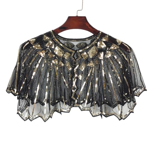 1920s Shawl Wraps Sequin Beaded Evening Cape Bridal Shawl Bolero Flapper Cover Up Oversize Transparent Mesh Shawl Wrap (Black Golden)3