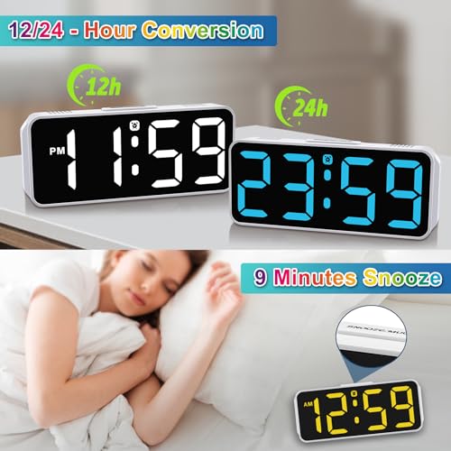 Image of Peakeep Tiny Small Digital Alarm Clock Plug in for Kids Bedroom Bedside Nightstand, 8 RGB Colors Large Display Dimmable 6 Brightness, Corded Electric Battery Backup (White - RGB)