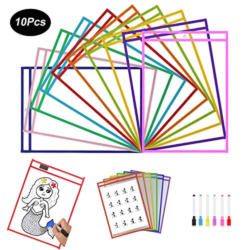 YIKEF 10 Pack Dry Erase Pockets, Fundas Fichas de Papel de Gran Tamaño 25.5x33 cm / A4 con Bolígrafos10 Colores Diferentes Reutilizables Bolsillos Bolsa de borrado en seco Limpiar Bolsillos