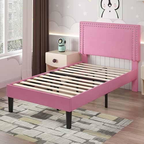 Image of VECELO Twin Size Platform Bed Frame with Height Adjustable Upholstered Headboard, Modern Mattress Foundation,Strong Wood Slat Support, No Box Spring Needed, Easy Assembly,Pink