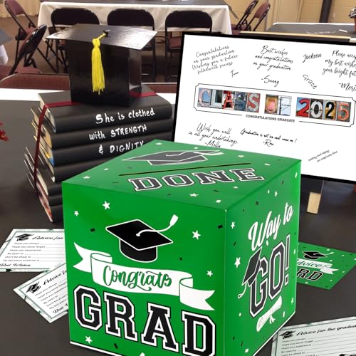 Image of DAZONGE Graduation Decorations Class of 2025 Green - 1 Graduation Card Box with 30 Graduation Advice Cards and 1 Guestbook Signature Board for Graduation Party Decorations Party Favors