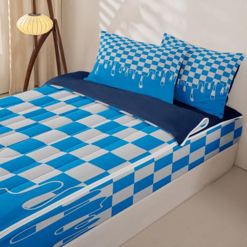 Image of Cyan Teal Checkered Zipper Bedding Full SizeGingham Checkerboard Drip Zip Up Bedding Set for Teens Adults, Vintage Aesthetic Trendy Modern Geometric Bed in a Bag Grid Plaid Comforter Set with Sheets