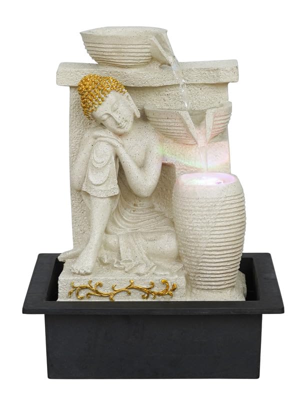 Image of Polyresin Cream Elegant Buddha Sitting in Rest Position Tabletop Indoor Waterfall Fountain for Home Decor with LED Light Water Flow Control Pump (Size: 39 x 22 x 29.5CM | Wt: 2200Gram)