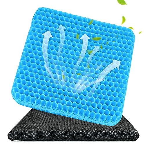 Gel Seat Cushion, Double Thicken Honeycomb Gel Seat Cushion with Ice Non-Slip Cover, Breathable Lumbar Support Chair Cushion, Relax Back and Sciatica Gel Seat Cushions for Home Office Car Wheelchair