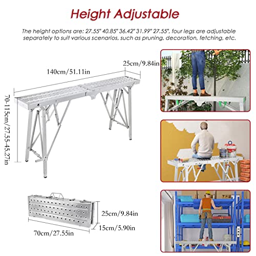 Hiyougo Adjustable Work Platform, Portable Folding Scaffolding, Heavy Duty Aluminum Scaffold For Ceiling Cleaning, Painting, Car Washing, 661Lbs Maximum Load (Color : Metallic, Size : 140X25Cm) #TOP2