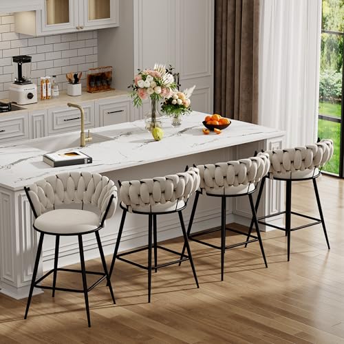 HAOBO Home Butacos Altura de Encimera de 24 pulgadas, Juego de 4 Sillas de Bar Modernas con Espalda Tejida (Beige) miniatura 4
